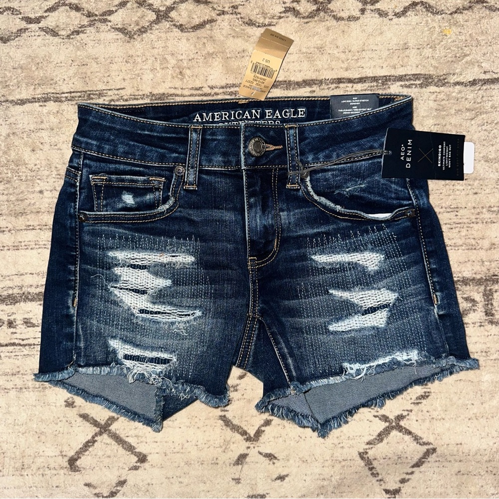 American Eagle Next Level Stretch Hi Rise Shortie Distressed Denim Shorts